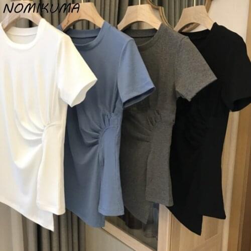 Nomikuma Korean Folds Slim Waist Woman Tshirts Fashion Split Graphic Tees 2021 Summer New Short Sleeve O-neck Tops Shirt 6K385