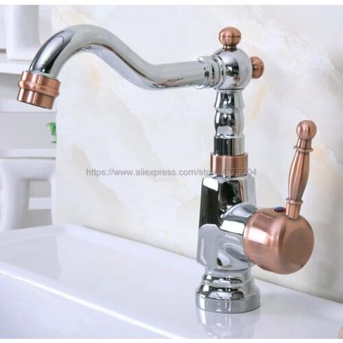 Basin Faucet Single Handle Mixer Tap Modern Kitchen Bar Sink Water Faucet Polished Chrome And Red Copper Rotable Tap Nnf915