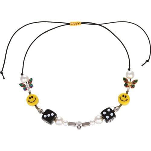 Butterfly Dice Cool Skull Pearl Necklace Skull ROCKY-Approved Hip Hop Street Dance Men and Women Couple Smiley Pearl Necklaces