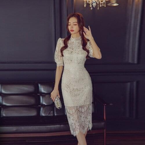 Summer Dress Elegant Vintage Lace Hollow Out Women Dresses Bodycon Bandag Khaki Evening Sundress Party Sexy Sweet Korean Clothes