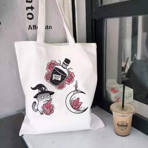 Reusable Shopping Bag Fashion Women Canvas Tote Bags Cartoon Bolsa De Compras Shopper Shoulder Bags Cute Skull Cat Printing Bag