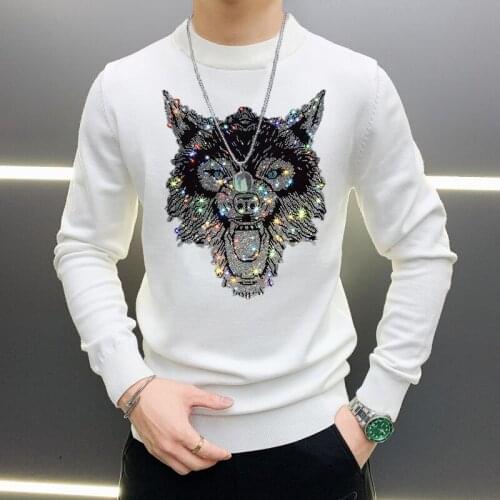Personalized Knitted Cashmere 100% Thick Rhinestone Brand Mens Sweater Glittering Tiger Winter Oversized Pullover