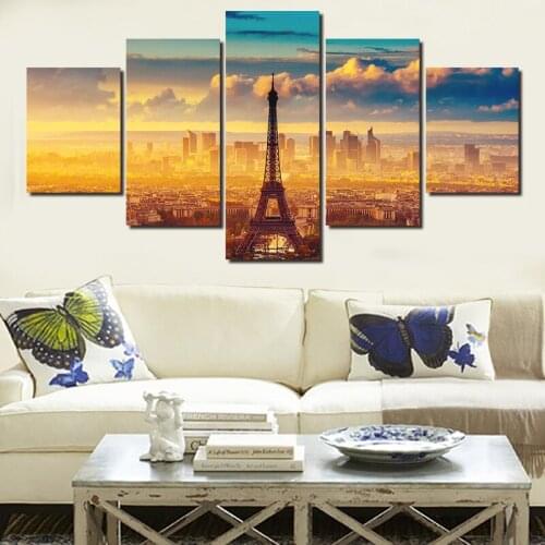 New Abstract Evening Under The Eiffel Tower Canvas Oil Paintings Decoration Modern Art 5pcs Large Wall Pictures For Living Room