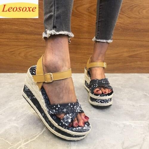 Summer Platform Sandals Women Peep Toe High Wedges Heel Ankle Buckles Sandalia Fashion Printing Woman Sandals Shoes
