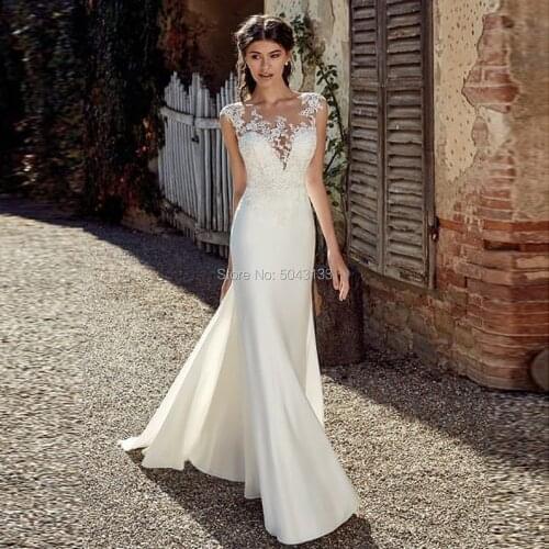 Sexy Mermaid Wedding Dresses 2020 Elegant Satin Lace Appliques Bridal Boho Wedding Gowns Cap Sleeves Sweep Train Vestido Noiva