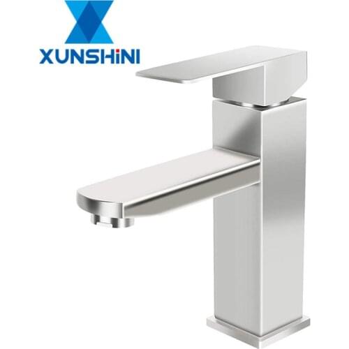 XUNSHINI Brushed Nickel Square Bathroom Faucet Single Handle Stainless steel Basin Faucet Sink Mixer Deck Mounted Bathroom Tap
