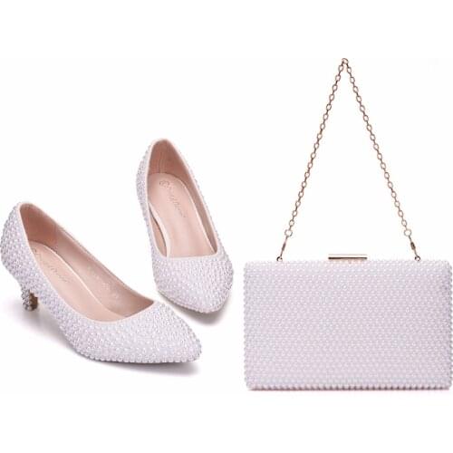 Crystal Queen White Pearl Wedding Shoes Bridal Women Heels Evening Party High Heel With Matching Bags With Purse Dress Shoes