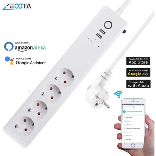 Smart Wifi Power Strip Surge Protector EU Plug Outlets Sockets with 2 USB Charger 1.5 Extension Cord Work Google Home Alexa