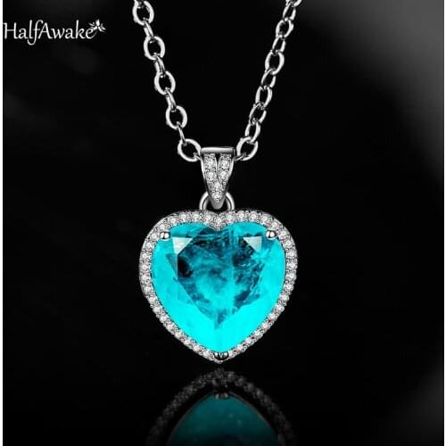 Vintage Paraiba Stone White Gold Chain With Heart Pendants Retro Dainty Necklace Charms For Woman Choker Fine Jewelry Girl Gift