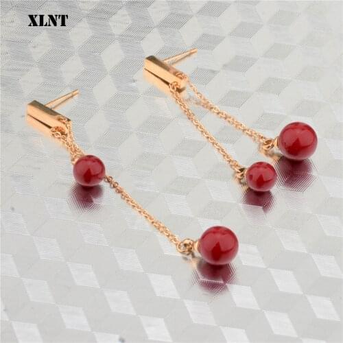XLNT New Fashion Rose Golden Plated Dangle Hanging Red Stone Long Drop Earrings For Women Jewelry brincos bijoux