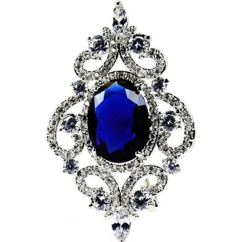 Queen Stylish Shiny Opens Micro Pave Tinny CZ Scroll Foiled Royal Blue Oval Brooches Pins Vintage Jewelry for Women Dressy Party