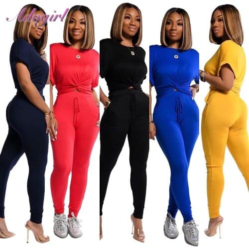 Women sets summer tracksuits casual short sleeve cross tops t-shirt + long pants suit two piece set outfit sportswear joggings