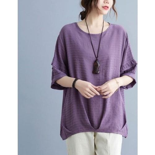 Women Summer Loose Casual T-shirts New 2021 Simple Style O-neck Solid Color Female Half Sleeve Cotton Linen Tops Tees S3640