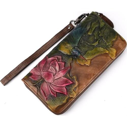 YourSeason 2021 New Retro Long Genuine Leather Ladies Clutch Wallets Floral Embossed Women Clutch Purses Wallet Card Holder