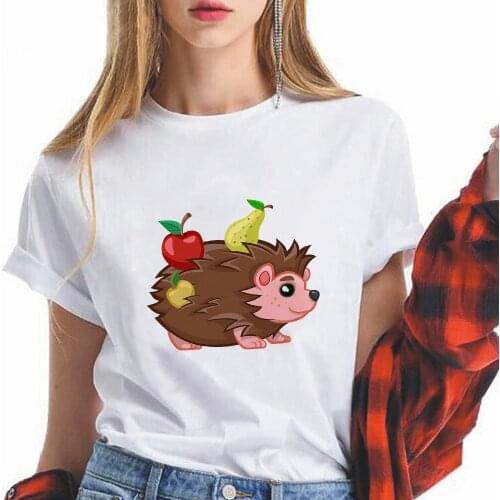 Cute Fruit hedgehog Womens Sleeve Short Top Aesthetic Cartoon Modern Streetwear 90s Vintage T Shirts Female Tumblr Mujer