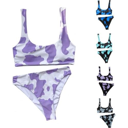 Cow Print Women Swimsuit Sexy Padded Bras Thong Briefs Bikini Set Swimwear Women Beach Swimming Suit biquinis feminino 2020