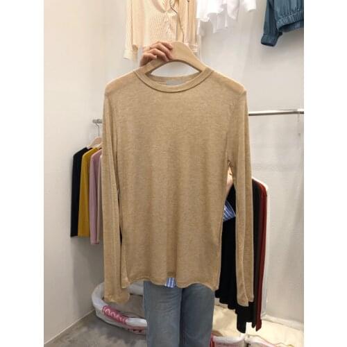 Womens spring 2021 new round neck slim-fit pullover solid color long-sleeved T-shirt womens top all-match woman tshirts