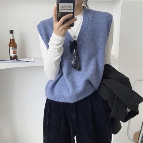 2021 Autumn Loose Pullover Women V-neck Knitted Vest Preppy Style Sweater Sleeveless Vest Sweater Women Winter Clothing 15994