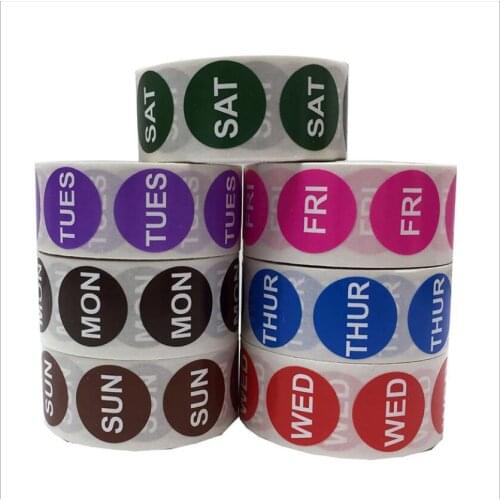7 roll/set Monday to Sunday Label Sticker Round Paper Color Coded Stickers