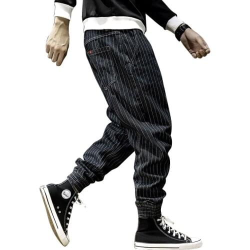 Japanese fashion men’s jeans striped retro design loose jeans black harem size 28-42 winter hip-hop velvet warm jeans