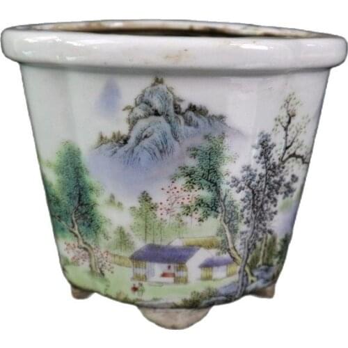 China Old Porcelain Pink Landscape Pattern Plum Flower Pot