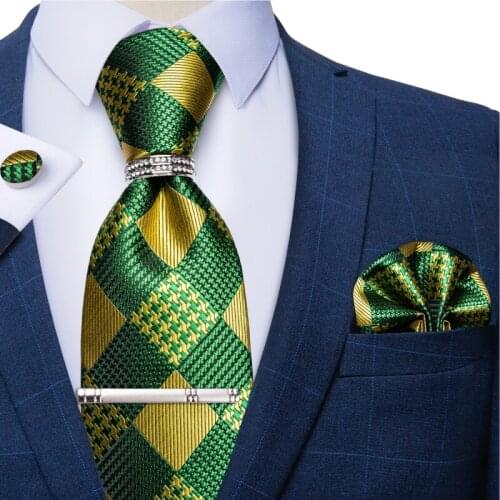 Green Gold Plaid 8cm Neck Tie With Silver Tie Clips Tie Ring Wedding Party Ties Pocket Square Cufflinks Men Accessories Gravata