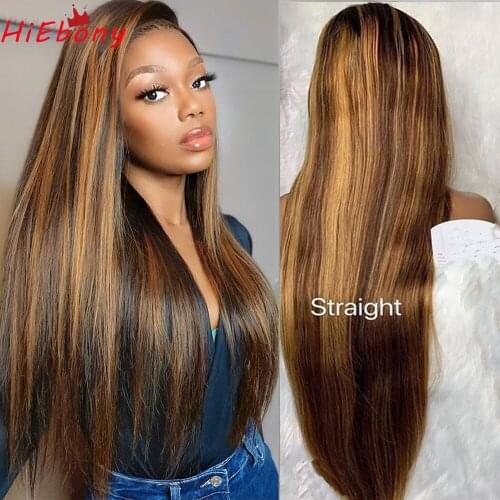 HiEbony Highlight 4/27 Lace Front Wigs Pre Plucked Straight Lace Front Wigs Remy Human Hair 13x4 Front Lace Wig With Baby Hair