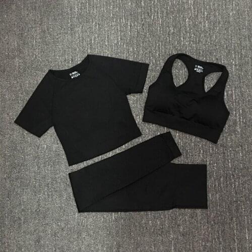 Fitness Clothing Yoga Set Seamless Sports Set Women Short Sleeve 3pcs High Waist Leggings Tracksuit Workout Clothes Crop Top