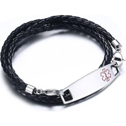 Leather cuff medical id alert SOS bracelet for men boys PU rope knit bangle titanium stainless steel hand sign birthday gifts