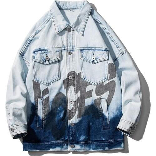 New men denim jacket trend large size loose Jeans Coats youth Streetwear Long Sleeve print Button Coats Hip Hop Slim Clothing