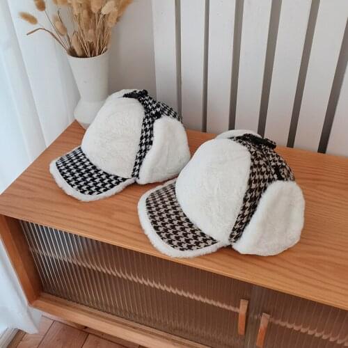 2021 New Winter Bomber Hats Fur Windproof Earflap Cotton Earmuffs Cap Thickened Ear Flap Warm Houndstooth Hat Lattice Outdoor