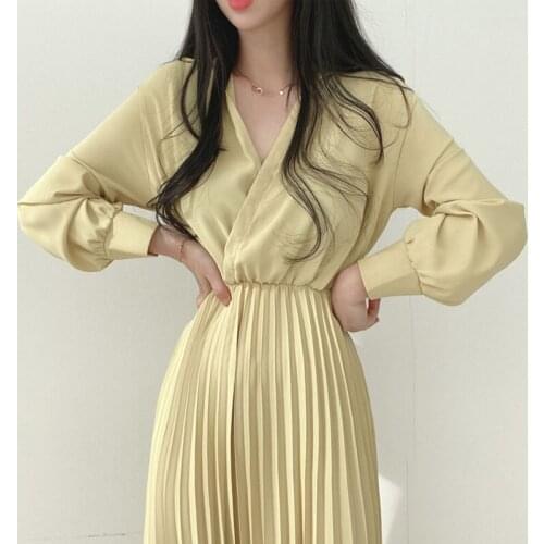 New Arrival 2021 Autumn Korean One-Piece WomenS A-Line Pleated Long Dress Elegant Fashion Solid Color Office Ladies Casual Dres