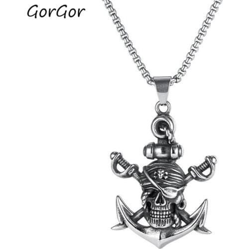 GorGor Necklace Men Stainless Steel Pattern Skeleton Double Sword Pirate Pendant Individuality Hyperbole Accessories TX-1828