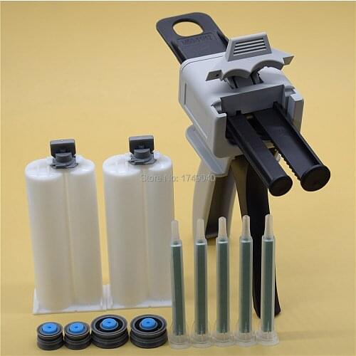 50ml 1:2 AB Glue Gun Manual Caulking Gun Dispenser Tool with 5pc AB Mixed Tube and 2pcs 50ml 1:2 Empty Dual-Barrel Cartridge
