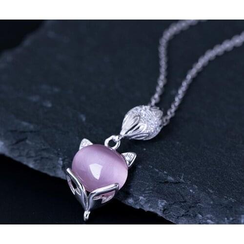 Direct sales S925 Silver Natural Cats eye stone lovely fox pendant womens fashion accessories