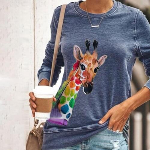Women Casual O Neck Long Sleeve Giraffe Print Pullover Top Sweatshirt Summer Ladies Clothes Top T-Shirt