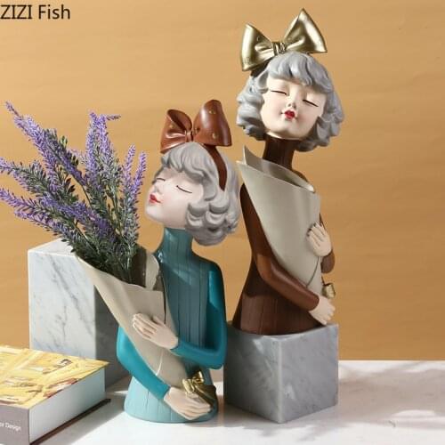 Modern Bow Bouquet Girl Vase Flower Pot Dried Flower Living Room Decoration Cute Girl Sculpture Statue Figurine Home Decoration