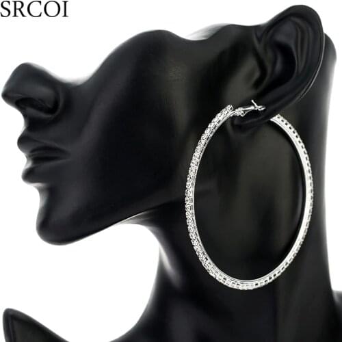 SRCOI 11.11 Fashion Big Crystal Earrings Hoops Large Hoop Earrings Silver Color Oorbellen Rond Creoles For Women Circle Jewelry