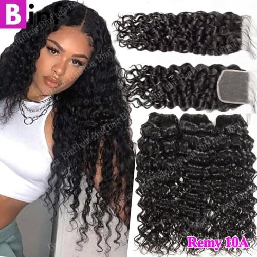 Water Wave Bundles With Closure 4X4 Lace Frontal Closure With Bundles Deep Wave Remy Brazilian Hair Weave Bundles With Closure