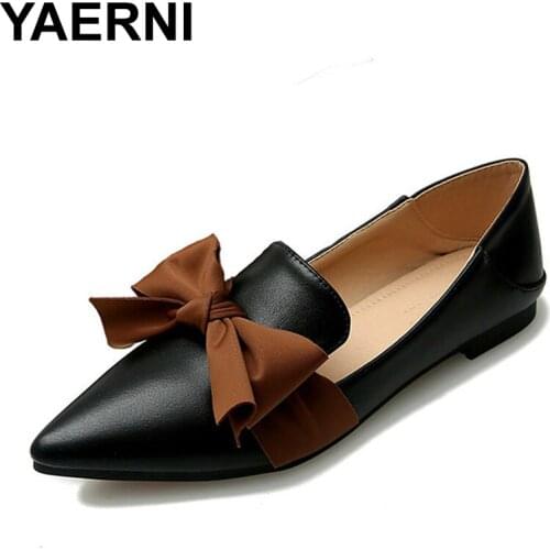 YAERNI Large Size Shoes Women Spring Flat Point Toe Flats Female PU Leather Summer Shoes For Teenage Girls Butterfly-knot Shoes