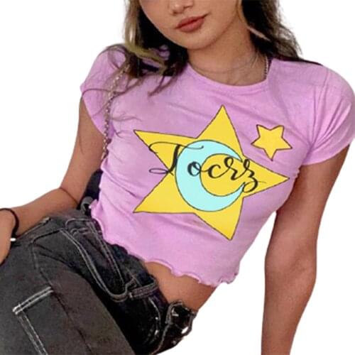 Women Pink Short Sleeve Moon Star Letter Print Lettuce Hem Slim Fit Tee Shirts Crop Tops Casual Elegant Summer Fall Spring