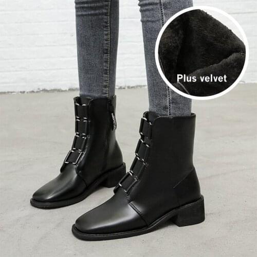 Women Boots Winter Ladies Warm Plush Zipper Square Toe Chunky Heels Platform Lace Up Female Footwear Soft Leather Boots Fashion