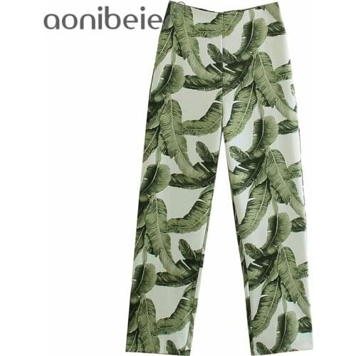 Aonibeier 2021 Za Woman Casual Traf Trousers Summer Autumn Leaf Print Zipper Back High Waist Straight Leg Loose Long Pants