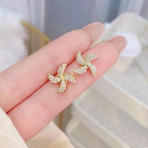 Windmill spinning Charm 14k Real Gold Earrings For WomenTemperament Rhinestone Zircon Pendant Luxury Daily Jewelry Accessories