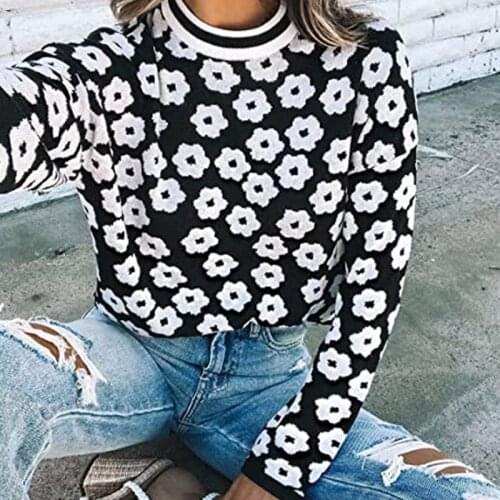 Women O Neck Long Sleeve Fresh Floral Print Knitted Sweater Pullover Summer Korean Thin Tops Female Sweet Loose Knitwear