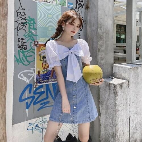 Women Dresses Summer 2021Korean Loose Denim Sukienki Cute Bow Vestidos Patchwork Vintage Sweet Robes Ropa Mujer Mini Dress A256