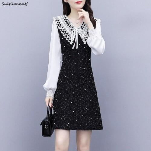 4XL Plus Size Dress Autumn Beading Lace Splicing Peter Pan Collar long Sleeve Dresses 2021 Pullover Korean High Waist Colthing