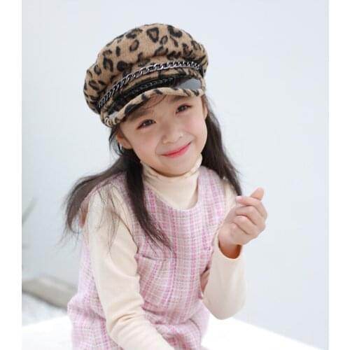 2020 Autumn Winter Leopard Beret Hat for Kids Boys Girls Woolen Felt Newsboy Artist Cap Children French Plaid Octagonal Hats