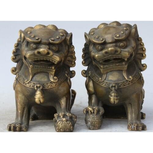 6" Chinese Feng Shui Folk Copper Fu Foo Dog Guardion Lion Door Ball Statue Pair S0705 B0403