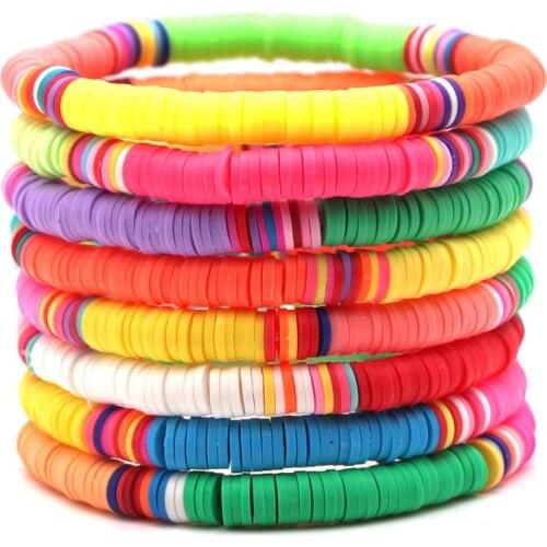 6mm Bright Light Color Polymer Clay Heishi Beads Stretch Bracelet Women Girl Red Pink Orange Green Multicolor Surf Jewelry Gift